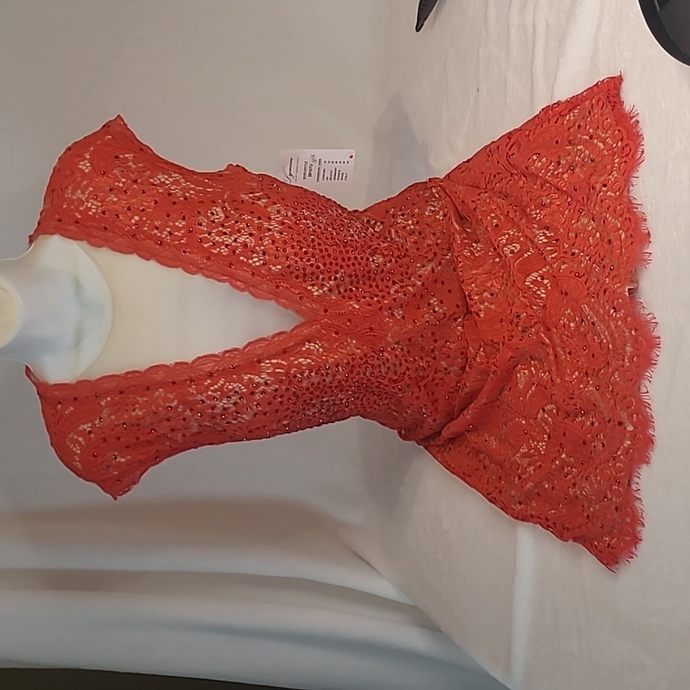 Frank Lyman, red dress, plunging neckline, fully lined, lace, red rhinestones